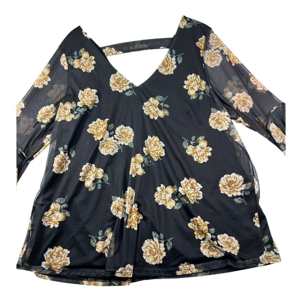 Torrid Floral Mesh Blouse Size 3 Black Yellow Long Sleeve Plus Size - Picture 2 of 10